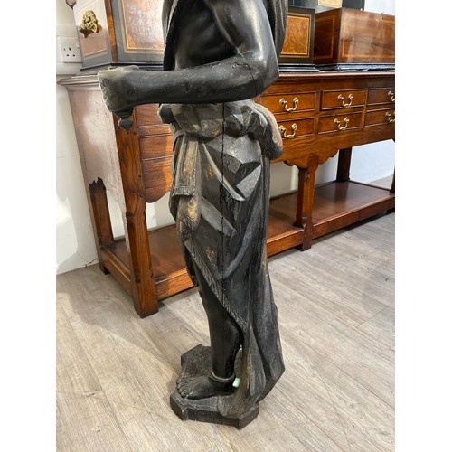 6095 - A 19th Century carved wood blackamoor figure holding aloft & fluted tray cracks and repair to arm pr... 