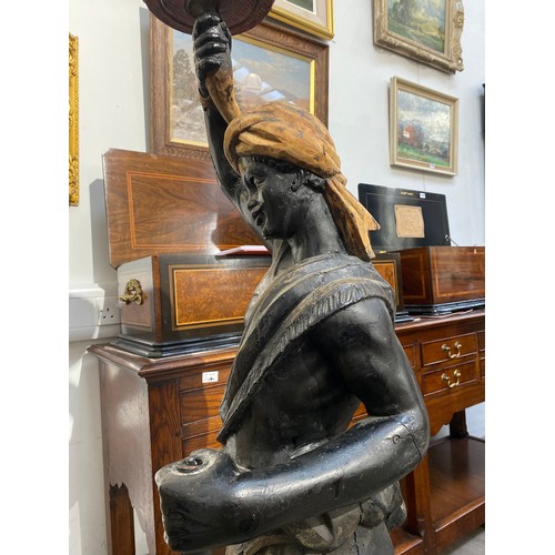 6095 - A 19th Century carved wood blackamoor figure holding aloft & fluted tray cracks and repair to arm pr... 