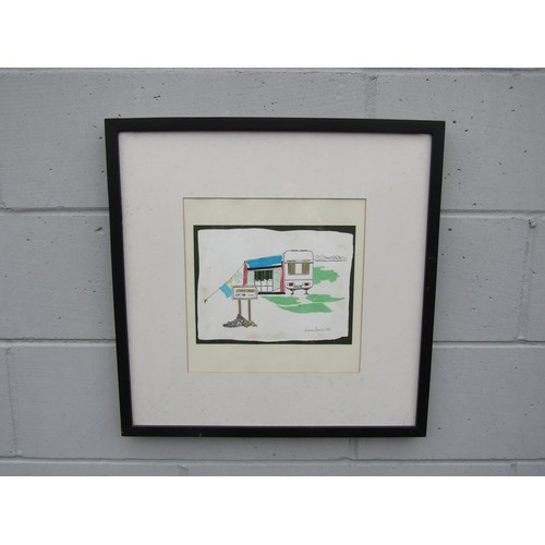 9440 - A framed and glazed mixed media on paper 'Visitors please call at reception'. Signed ? Lennox and da... 