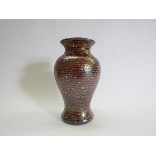 9193 - An Okra Studio art glass vase with red and deep blue lined detail. Acid etched mark to base and inci... 