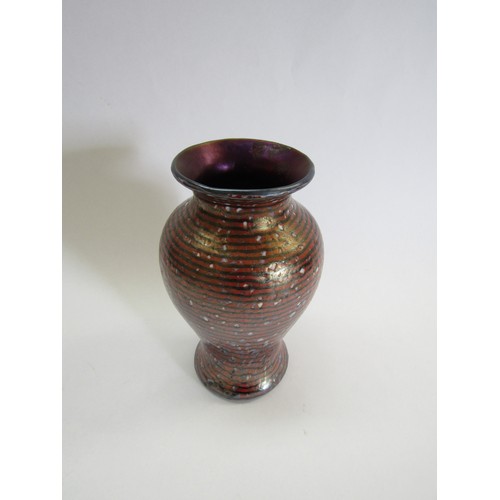 9193 - An Okra Studio art glass vase with red and deep blue lined detail. Acid etched mark to base and inci... 