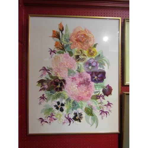 4024 - JENNIFER MEAKIN: An applique still-life of flowers including fuchsia, roses and pansies, framed and ... 