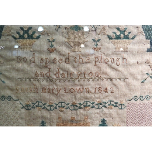 4026 - A Victorian alphabet sampler, harvest theme, Sarah Mary Lown, 1842, framed and glazed, 30.5cm x 27cm... 