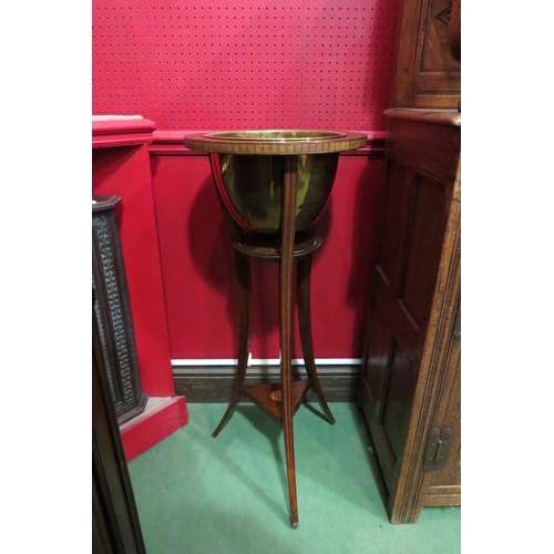 4047 - An Edwardian mahogany line inlaid jardinière stand with brass bowl and under-tier, 93cm tall x 38cm ... 