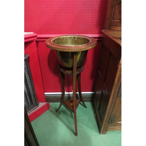 4047 - An Edwardian mahogany line inlaid jardinière stand with brass bowl and under-tier, 93cm tall x 38cm ... 
