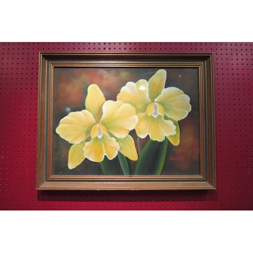 4048 - ROSSITER: A mixed media depicting two bold yellow flowers of Art Deco influence signed lower right, ... 
