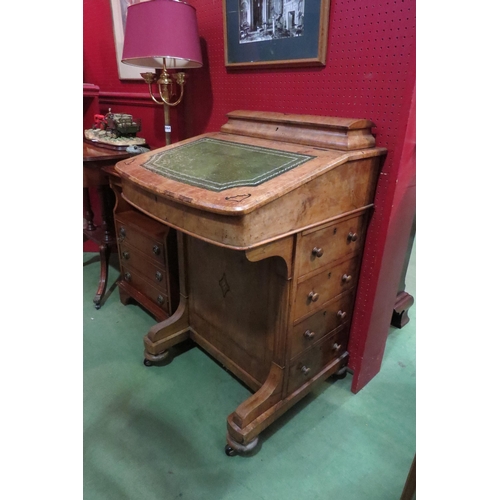 4067 - A Victorian flame walnut Davenport desk, marquetry inlay, green tooled leather slope top, 88cm tall ... 