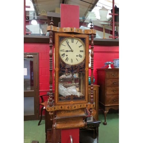 4101 - A circa 1900 Anglo-American drop dial wall clock, marquetry inlaid, Roman dial, spindle detail