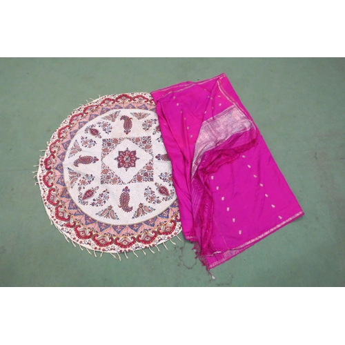 4102 - An Indian magenta silk textile with a silver metal thread and fringing together with a circular cott... 