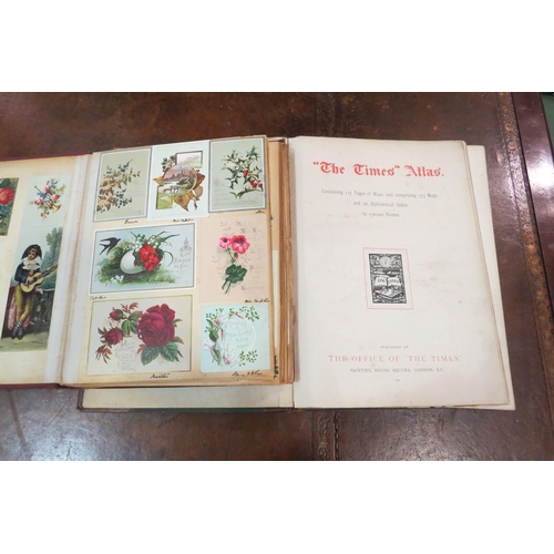 4110 - A Victorian scrap album with various contents, together with a Times Atlas, 1896 (2)