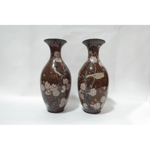 4117 - A pair of Japanese cloisonne vases, brown sparkle ground with prunus and birds (a/f) 28cm tall