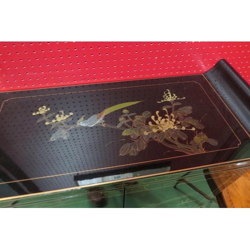 4118 - An Oriental black lacquered effect cabinet with design of Asiatic birds and foliage to front, 102cm ... 