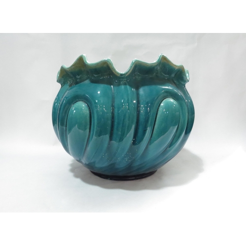 4125 - A Victorian Bretby jardiniere, turquoise and yellow glaze, stamped Rd. 156568 to base, 26cm tall x 3... 