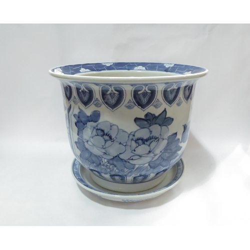 4128 - A modern Chinese blue and white jardiniere, 27cm tall x 35cm diameter, with associated dish (2)