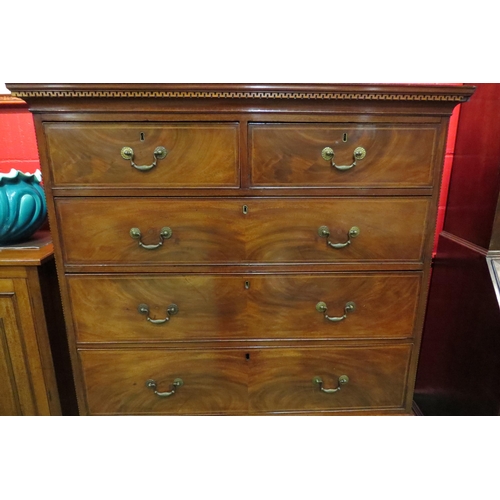 4130 - A Georgian flame mahogany chest on stand with line inlay and satinwood stringing, the Greek key dent... 