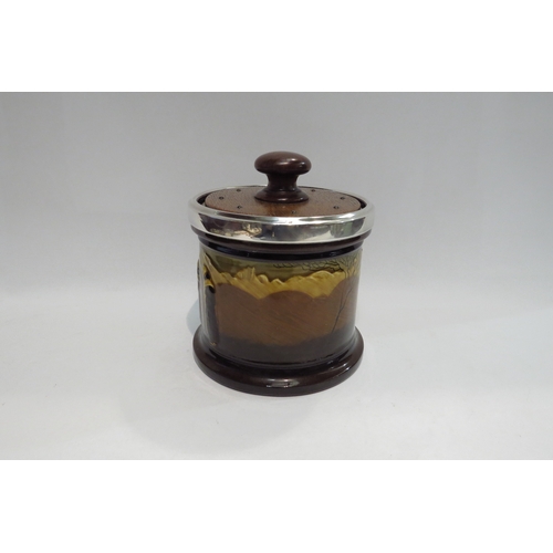 4444 - A Royal Doulton Monks design Kingsware tobacco jar, silver band, later wooden replacement lid, 15cm ... 