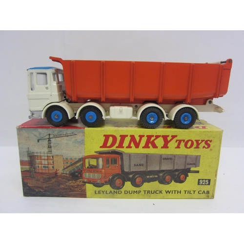 8211 - A boxed Dinky Toys diecast 925 Leyland Dump Truck with Tilt Cab, blue and white cab with pale blue i... 