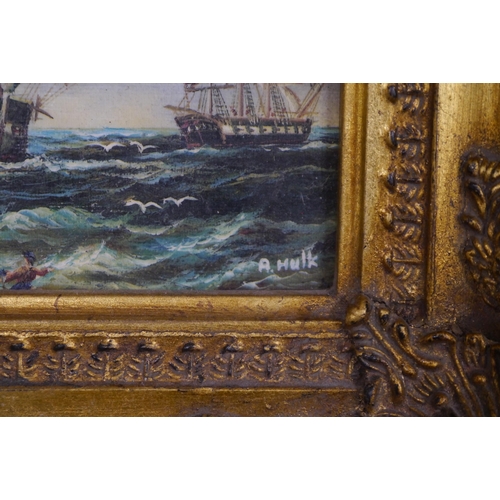 2121 - A small gilt framed oileograph of ships by A. Hulk