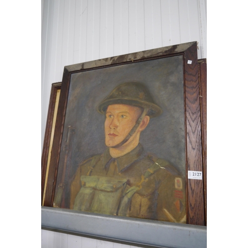 2127 - M A Manuelle:  An oil on board portrait of L E Hardy, soldier and a print