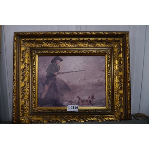 2140 - Two modern gilt framed oileographs on board of gentlemen hunting