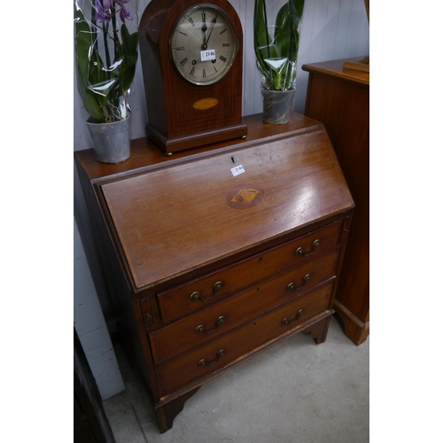 2144 - An Edwardian mahogany bureau, shell inlay fitted interior, three drawers, bracket feet