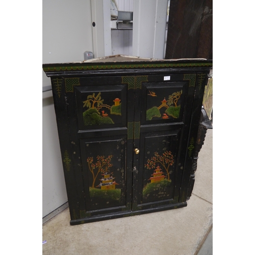 2171 - A 19th Century pine corner cupboard, hand painted design of pagodas and landscapes