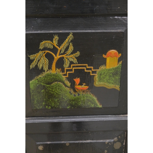 2171 - A 19th Century pine corner cupboard, hand painted design of pagodas and landscapes