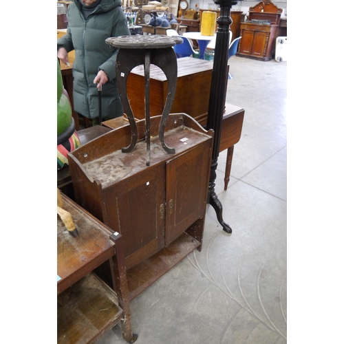 2181 - A 1930's oak side cupboard, stand and tea trolley