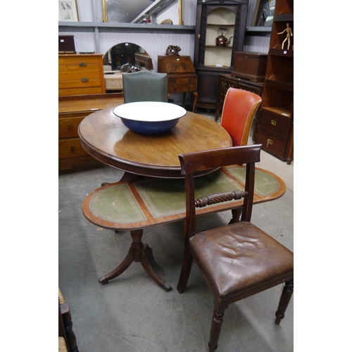 2183 - A mahogany oval dining table, mahogany coffee table with green leather top, Scandinavian side chair ... 