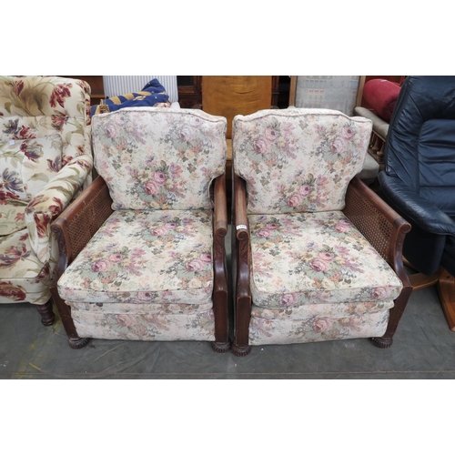 2445 - A pair of 1930's arm chairs and Victorian oak library chair all for re-upholstery a/f