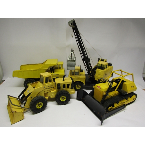 8231 - Four 1970s Mighty Tonka pressed steel construction vehicles to include crane, T-9 dozer, loader and ... 