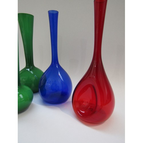 9184 - Three Arthur Percy bottle vases in red and blue, plus two similar vases in green, tallest 26cm