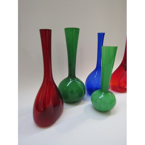 9184 - Three Arthur Percy bottle vases in red and blue, plus two similar vases in green, tallest 26cm