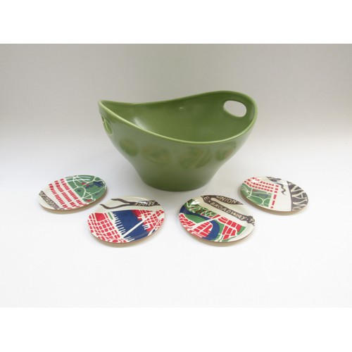 9126 - A Hoganas large Swedish pottery salad bowl in green together with four Svenskt Tenn lacquered birchw... 