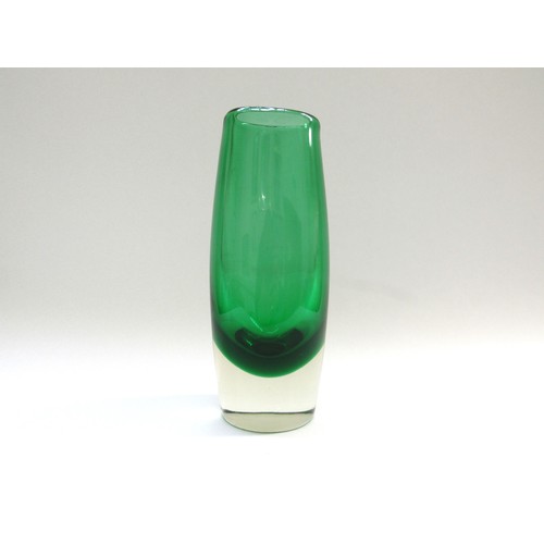 9199 - A Murano green glass vase encased in clear glass, 25cm high. Watermarked interior