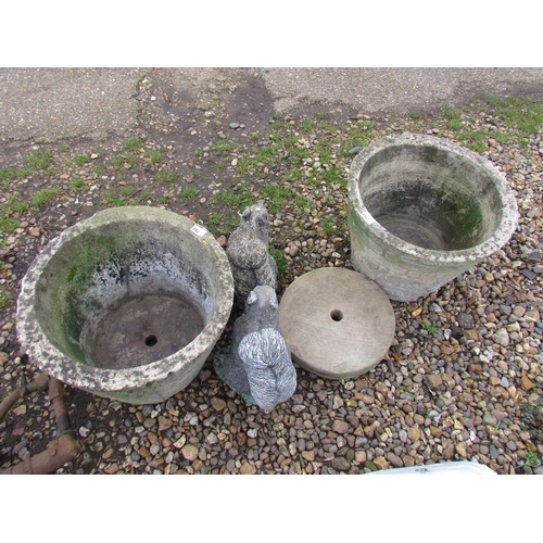 3401 - A pair of concrete flower pots, two squirrels and a sharpening stone (5)    (E) £10-15