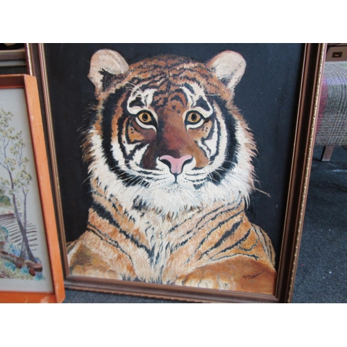 1254 - P.J. BROWN: An oil on board depicting a tiger, gilt framed, 59cm x 49cm image size, together with a ... 