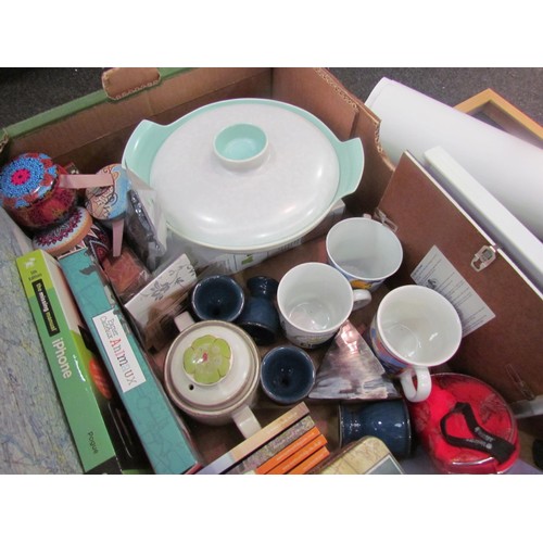 1251 - A box of miscellaneous including Denby, Poole Pottery, London mugs, set of scales etc     (R) £0