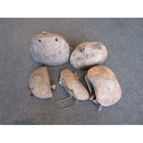 1256 - Five Indian rustic wooden bells with rope handles     (R) £80