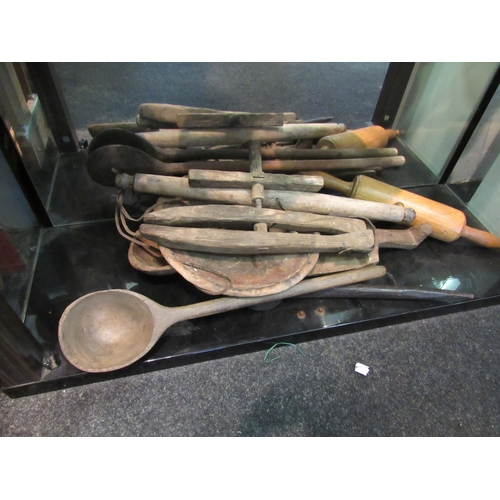 1499 - Six handmade wooden scoops together with rolling pin, clamp, etc.