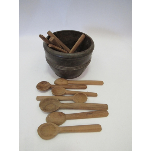 1407 - A timber bowl with various handmade wooden spoons