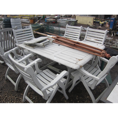 3424 - A hardwood garden table with six chairs and a drinks table and parasol with base A/F      (E) £30-40