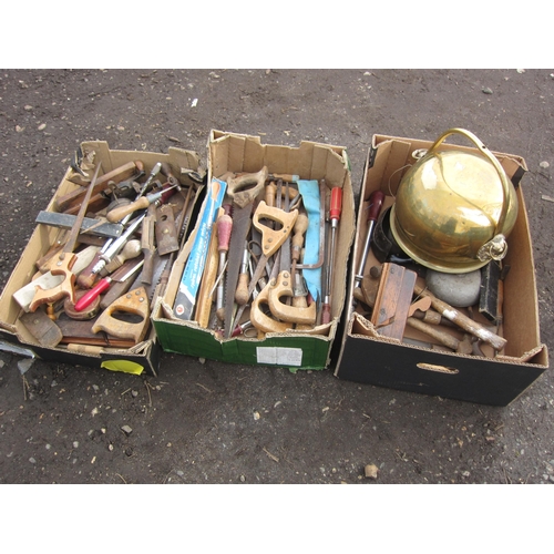 3568 - Three boxes of mixed tools including a brass pot