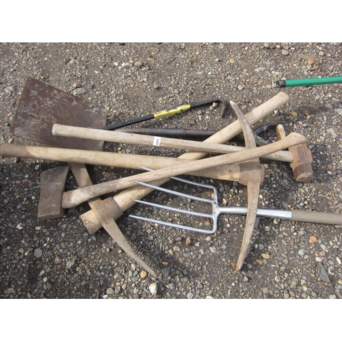 3607 - A bundle of mixed tools including an axe, etc