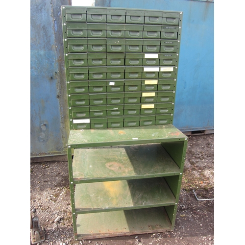 3634 - A metal four shelf, 54 drawer metal workshop cabinet