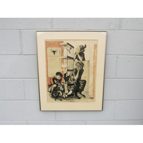 9467 - MICHAEL AYRTON (1921-1975) A framed and glazed lithograph printed in colours 'The Bird Sellers'. Cir... 