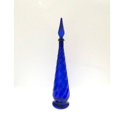 9182 - A tall cobalt blue glass retro mid-century Genie bottle glass carafe with stopper.  65.5cm high