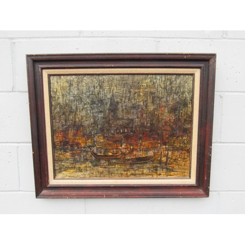 9459 - JOHN MOODY (XX) A large framed oil on board 1960’s painting of a detailed London cityscape, signed J... 