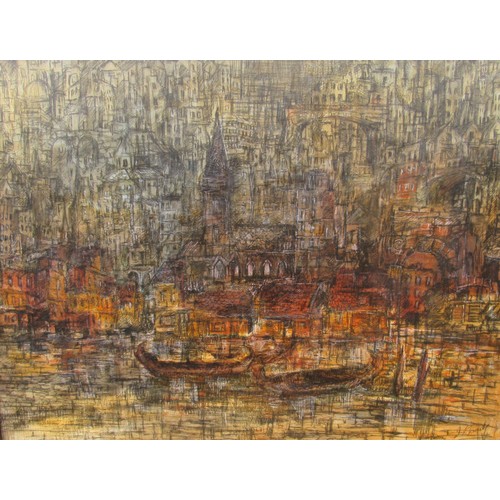 9459 - JOHN MOODY (XX) A large framed oil on board 1960’s painting of a detailed London cityscape, signed J... 