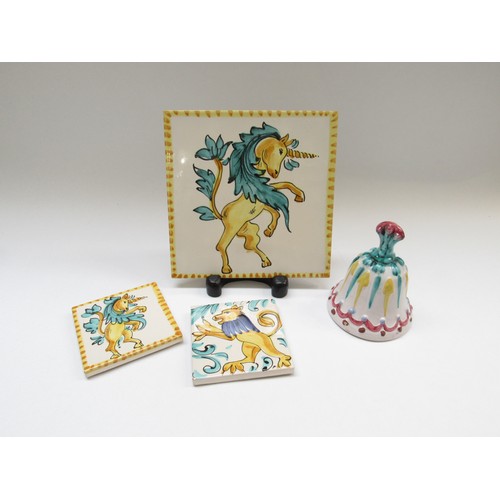 9077 - Three Italian pottery tiles, featuring unicorns & Lion, largest 20cm x 20cm, and an Italian pottery ... 